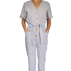 ZARA Blue Striped Seersucker Tie-Front Jumpsuit